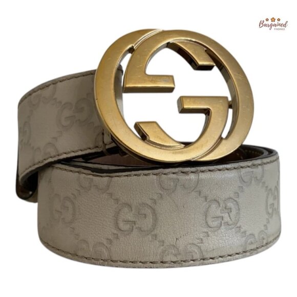 Authentic Gucci Cream Guccissima Leather Gold Interlocking G Buckle Belt 80/32 - Picture 1 of 13